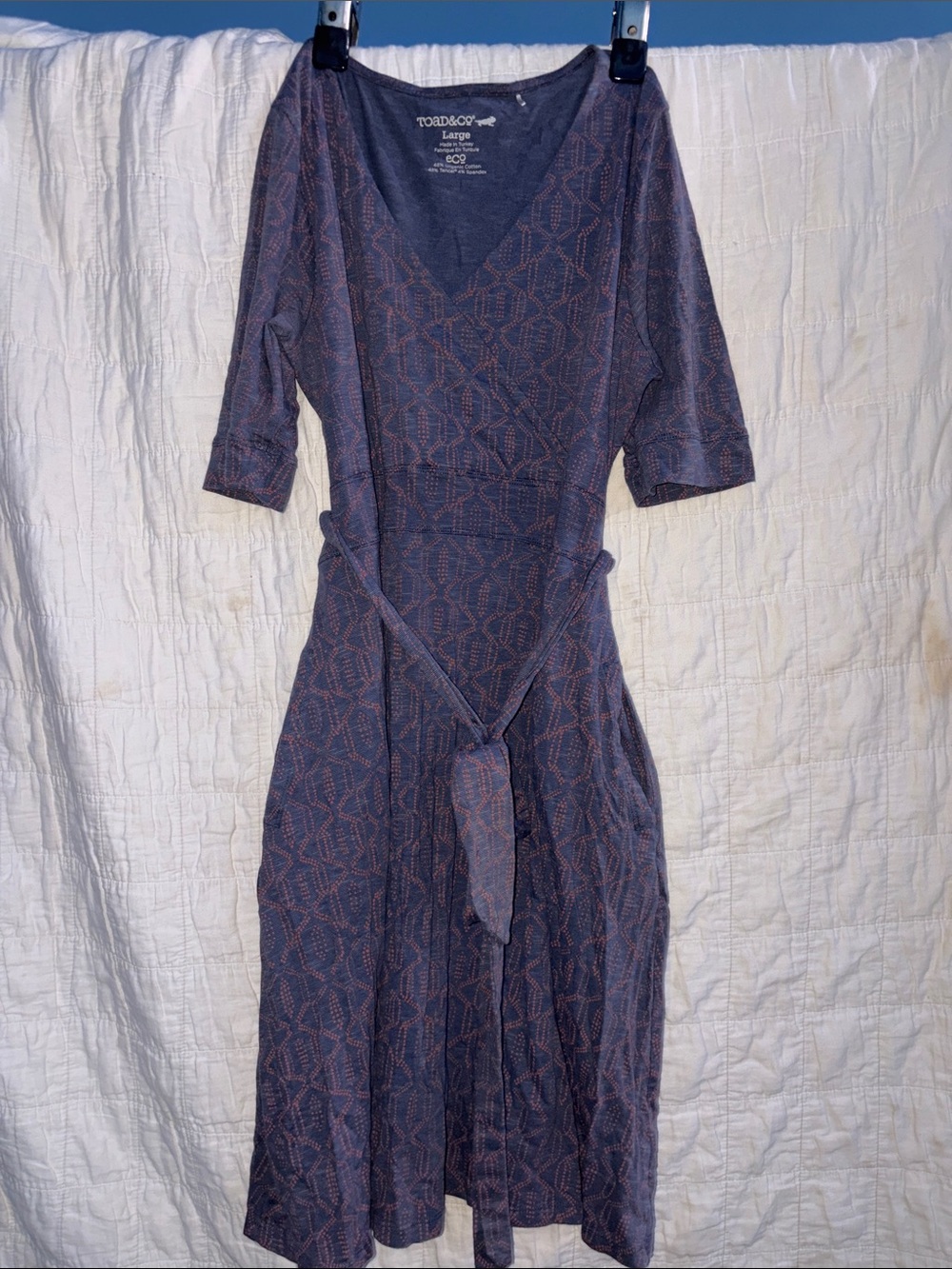 Toad&Co organic cotton Purple Geometric Print Midi Wrap Dress with pockets